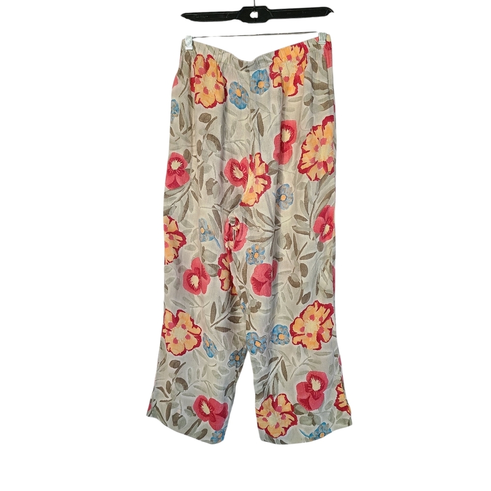 Hot Cotton 100% Linen Cropped Pants - Floral White with Pink Accents Medium